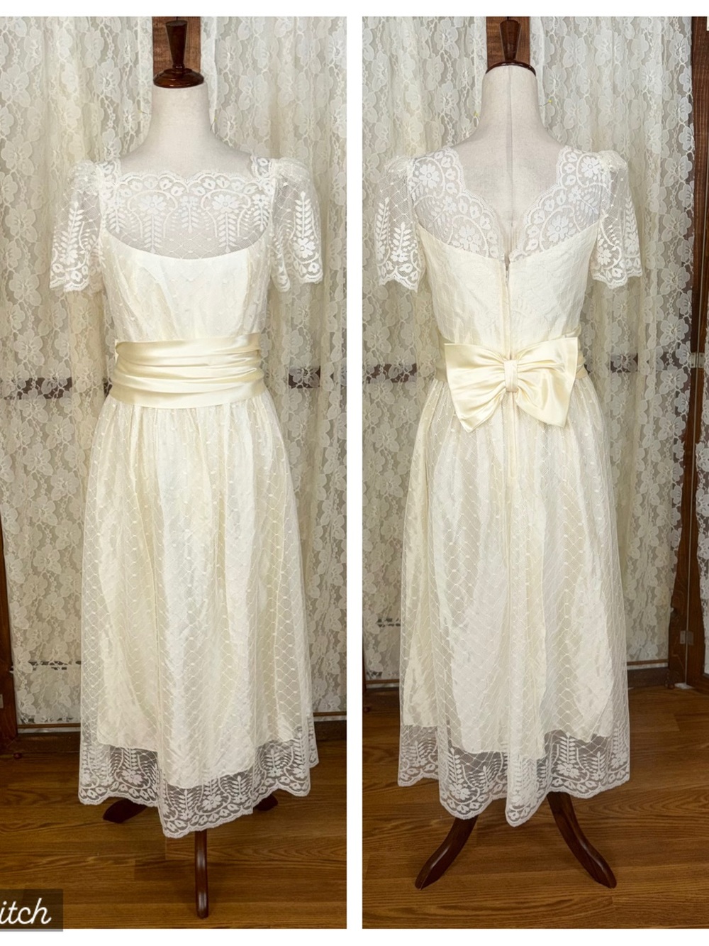 Elegant Vintage 1970s Lace Tea Length Wedding Dress